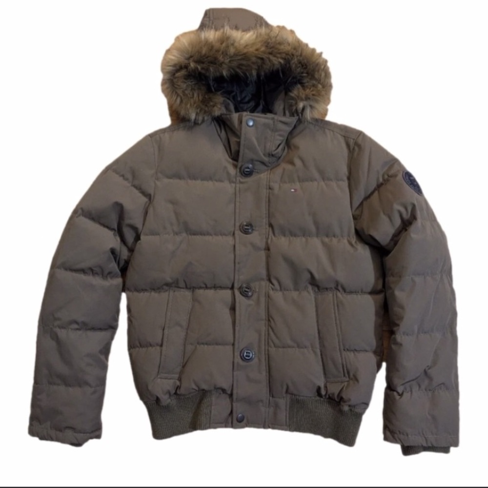 Tommy Hilfiger Men's Olive Brown Puffer Jacket with Faux Fur Hood